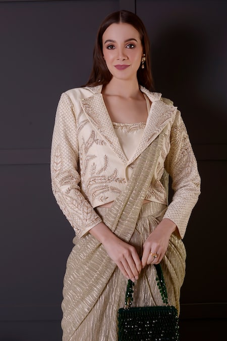 Buy_Surabhi Arya_Gold Silk, Bamboo Pearls, Embroidery Round Pre-draped Saree Set With Jacket _Online_at_Aza_Fashions