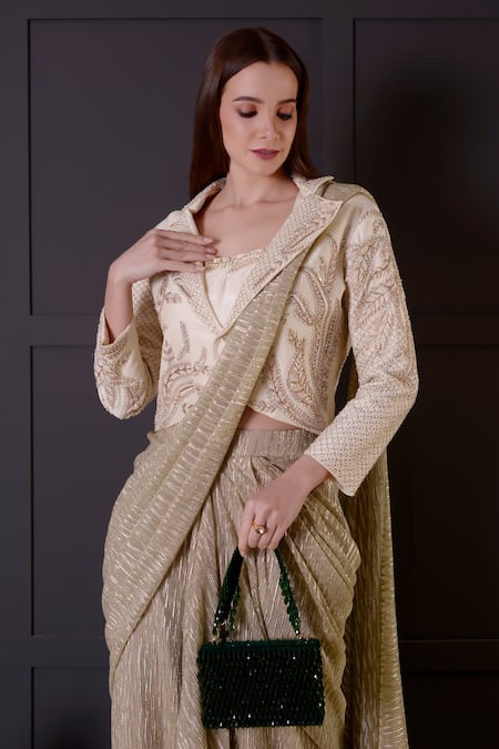 Shop_Surabhi Arya_Gold Silk, Bamboo Pearls, Embroidery Round Pre-draped Saree Set With Jacket _Online_at_Aza_Fashions