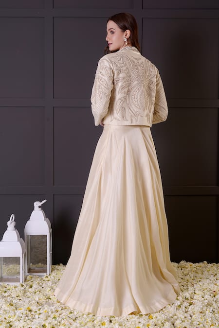 Shop_Surabhi Arya_Ivory Bamboo Embroidery, Pearls Round Neck Jacket Lehenga Set _at_Aza_Fashions