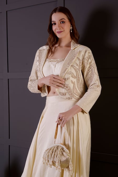 Buy_Surabhi Arya_Ivory Bamboo Embroidery, Pearls Round Neck Jacket Lehenga Set _Online_at_Aza_Fashions