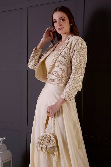 Shop_Surabhi Arya_Ivory Bamboo Embroidery, Pearls Round Neck Jacket Lehenga Set _Online_at_Aza_Fashions
