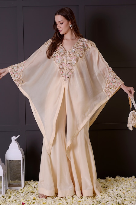 Surabhi Arya Ivory Jacket Organza Hand Embroidered Leaf Blouse Straight Cape Set 