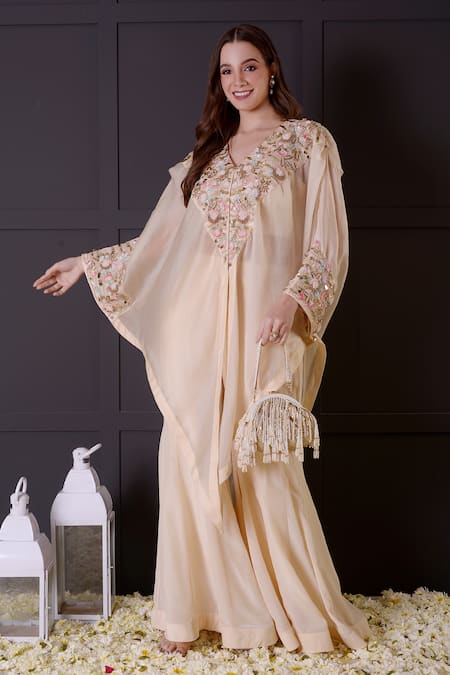 Surabhi Arya_Ivory Crepe, Organza Pearls, Sequins Collared, Hand Embroidered Cape Jacket Set _Online_at_Aza_Fashions