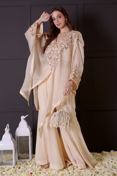 Buy_Surabhi Arya_Ivory Crepe, Organza Pearls, Sequins Collared, Hand Embroidered Cape Jacket Set _Online_at_Aza_Fashions