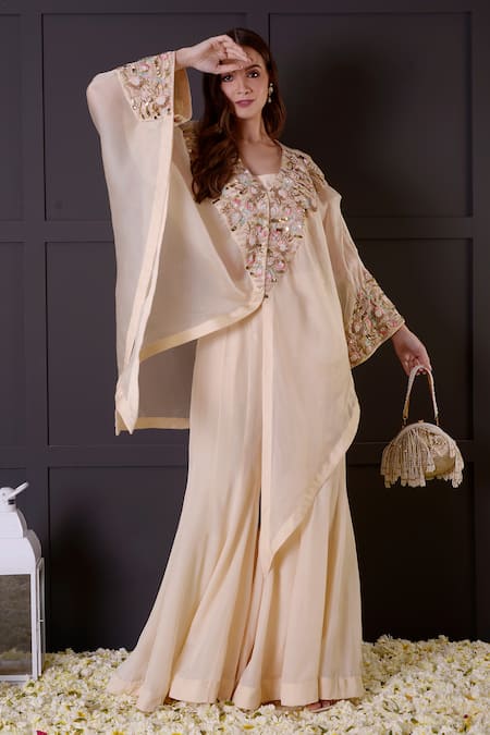 Shop_Surabhi Arya_Ivory Crepe, Organza Pearls, Sequins Collared, Hand Embroidered Cape Jacket Set _Online_at_Aza_Fashions