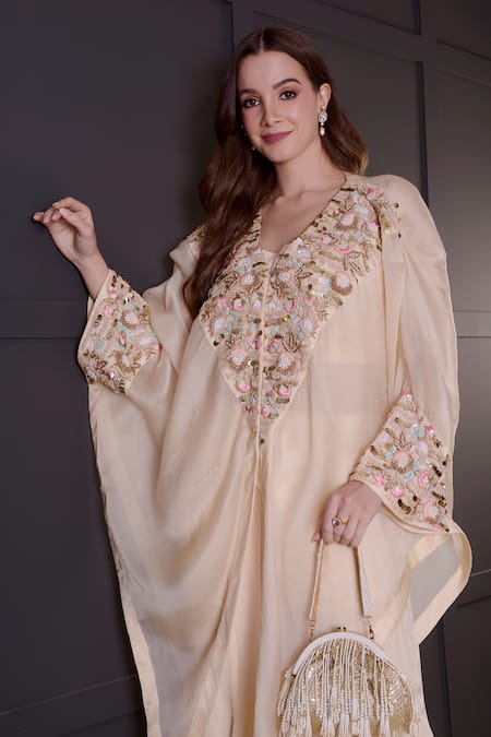 Buy_Surabhi Arya_Ivory Crepe, Organza Pearls, Sequins Collared, Hand Embroidered Cape Jacket Set 
