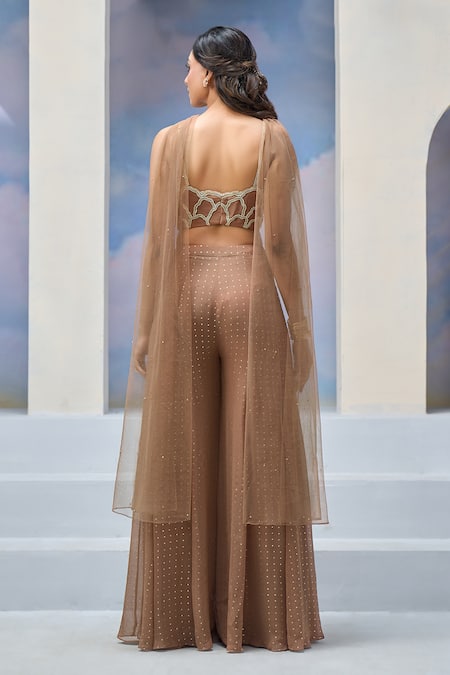 Silky Bindra x AZA Brown Net, Georgette, Satin Embroidery Aria Quatrefoil Blouse Palazzo Set Online at Aza Fashions Silky Bindra x AZA_Brown Net, Georgette, Satin Embroidery Aria Quatrefoil Blouse Palazzo Set _Online_at_Aza_Fashions