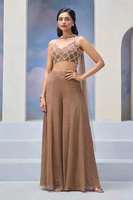 Buy Silky Bindra x AZA Brown Net, Georgette, Satin Embroidery Aria Quatrefoil Blouse Palazzo Set Buy_Silky Bindra x AZA_Brown Net, Georgette, Satin Embroidery Aria Quatrefoil Blouse Palazzo Set