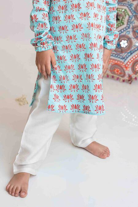 MI Dulce AN'YA Blue Handloom Cotton Lotus Hand Printed Kurta And Pant Set Online at Aza Fashions MI Dulce AN'YA_Blue Handloom Cotton Lotus Hand Printed Kurta And Pant Set _Online_at_Aza_Fashions