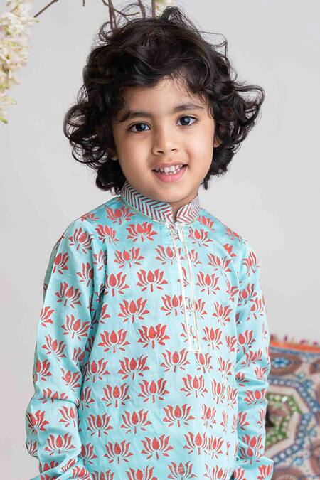 Buy MI Dulce AN'YA Blue Handloom Cotton Lotus Hand Printed Kurta And Pant Set Online at Aza Fashions Buy_MI Dulce AN'YA_Blue Handloom Cotton Lotus Hand Printed Kurta And Pant Set _Online_at_Aza_Fashions