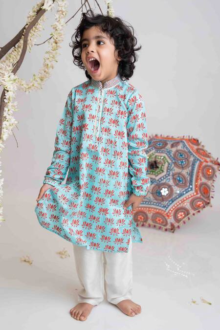 Shop MI Dulce AN'YA Blue Handloom Cotton Lotus Hand Printed Kurta And Pant Set Online at Aza Fashions Shop_MI Dulce AN'YA_Blue Handloom Cotton Lotus Hand Printed Kurta And Pant Set _Online_at_Aza_Fashions