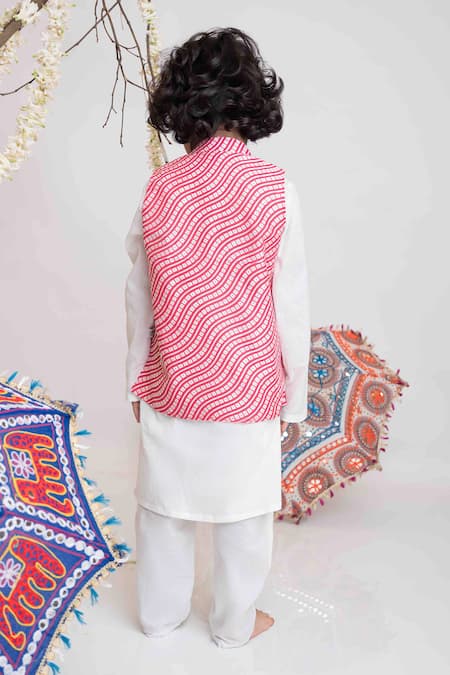 Shop_MI Dulce AN'YA_Ivory Handloom , Silk, Bandhej Lotus Bandhgala Kurta Set _at_Aza_Fashions