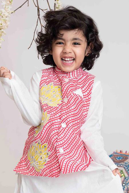 MI Dulce AN'YA_Ivory Handloom , Silk, Bandhej Lotus Bandhgala Kurta Set _Online_at_Aza_Fashions