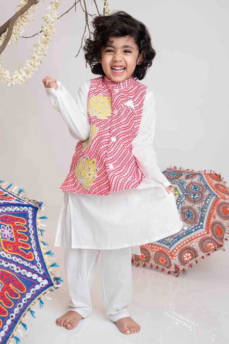 Shop_MI Dulce AN'YA_Ivory Handloom , Silk, Bandhej Lotus Bandhgala Kurta Set _Online_at_Aza_Fashions