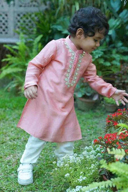 Buy_MI Dulce AN'YA_Pink Handloom , Mirrors Hand Embroidered Kurta And Pant Set _Online_at_Aza_Fashions