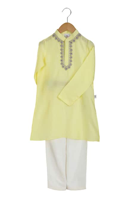 Mi Dulce An'ya Yellow Lining Gots Certified Organic Cotton Hand Embroidered Kurta With Pant 