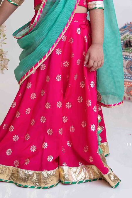 MI Dulce AN'YA_Pink Handloom Cotton, Chanderi Floral Hand Embroidered Banarasi Lehenga Set _Online_at_Aza_Fashions