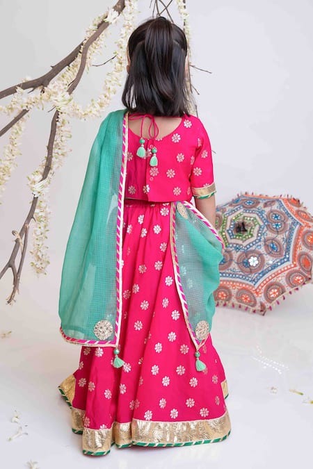 Shop_MI Dulce AN'YA_Pink Handloom Cotton, Chanderi Floral Hand Embroidered Banarasi Lehenga Set _at_Aza_Fashions