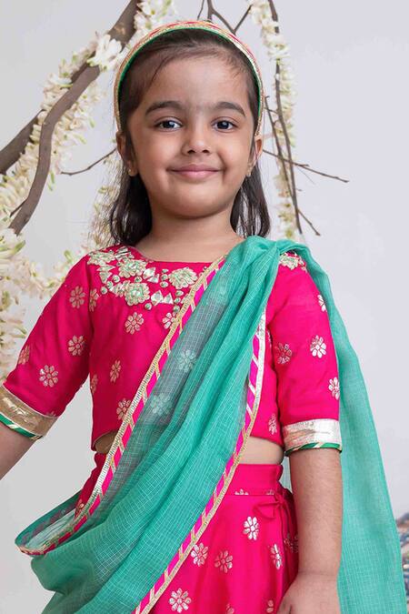 MI Dulce AN'YA_Pink Handloom Cotton, Chanderi Floral Hand Embroidered Banarasi Lehenga Set _at_Aza_Fashions