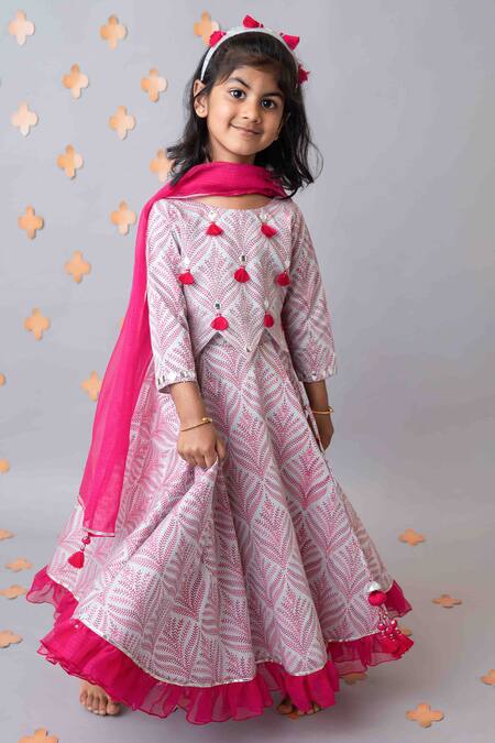 MI Dulce AN'YA_Grey Handloom , Chanderi, Tassels, Mughal Print Lehenga Blouse Set _Online_at_Aza_Fashions