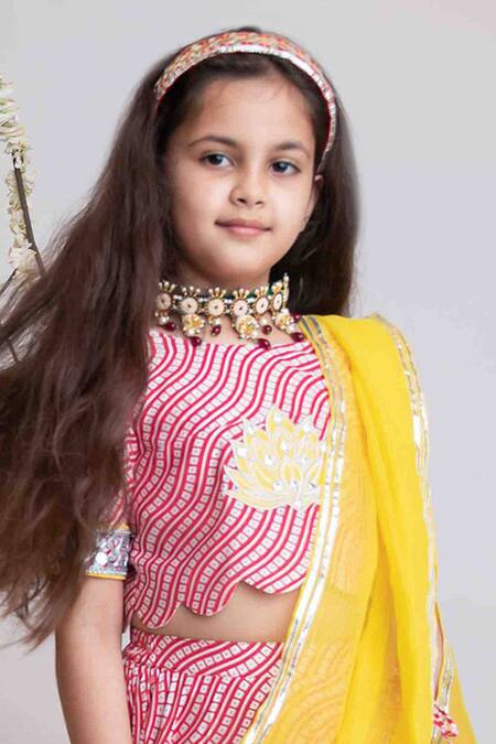 Shop MI Dulce AN'YA Pink Handloom , Chanderi, Leheriya Pattern Lehenga Blouse Set Online at Aza Fashions Shop_MI Dulce AN'YA_Pink Handloom , Chanderi, Leheriya Pattern Lehenga Blouse Set _Online_at_Aza_Fashions