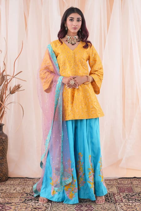 Farha Syed_Yellow Silk, Net, Taffeta Embroidery, Floral Pattern Peplum Kurta Sharara Set _Online_at_Aza_Fashions