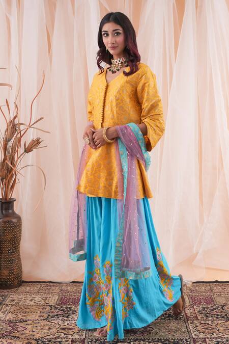Buy_Farha Syed_Yellow Silk, Net, Taffeta Embroidery, Floral Pattern Peplum Kurta Sharara Set _Online_at_Aza_Fashions