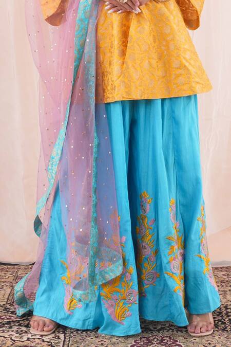 Shop_Farha Syed_Yellow Silk, Net, Taffeta Embroidery, Floral Pattern Peplum Kurta Sharara Set _Online_at_Aza_Fashions