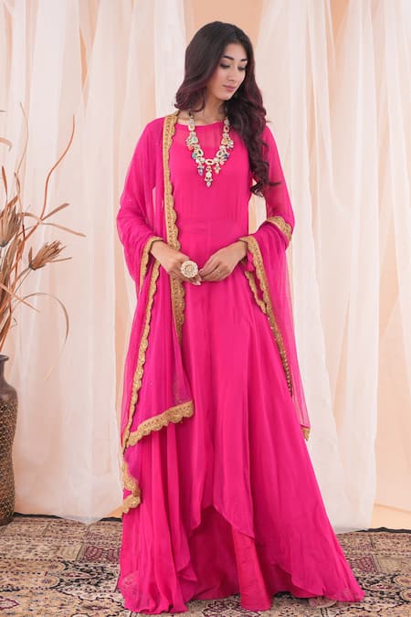 Farha Syed Pink Anarkali Georgette Embroidered Mukaish Round Asymmetric Skirt Set