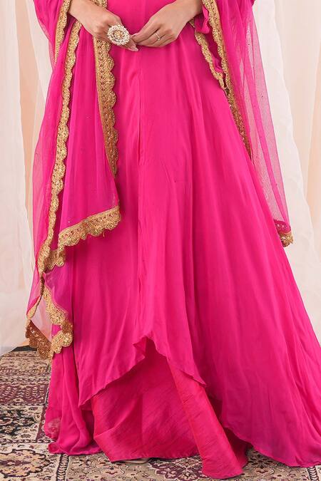 Shop_Farha Syed_Pink Georgette, Silk, Net Mirrors Round Neck Embroidered Anarkali Skirt Set _Online_at_Aza_Fashions