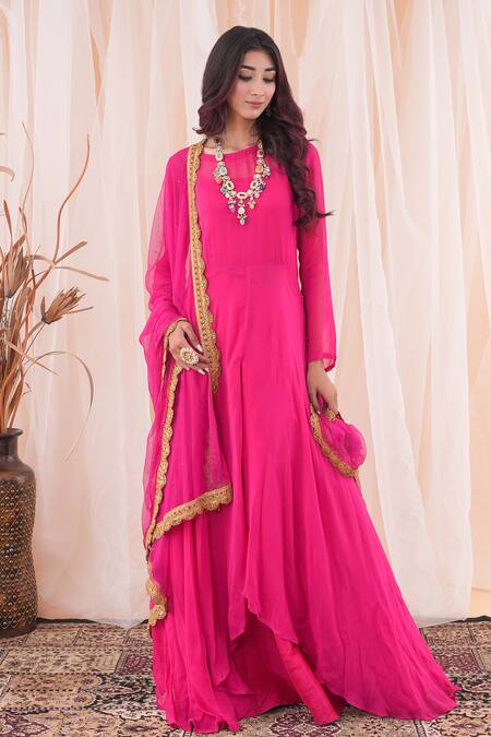 Buy_Farha Syed_Pink Georgette, Silk, Net Mirrors Round Neck Embroidered Anarkali Skirt Set 
