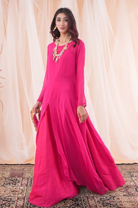 Shop_Farha Syed_Pink Georgette, Silk, Net Mirrors Round Neck Embroidered Anarkali Skirt Set 