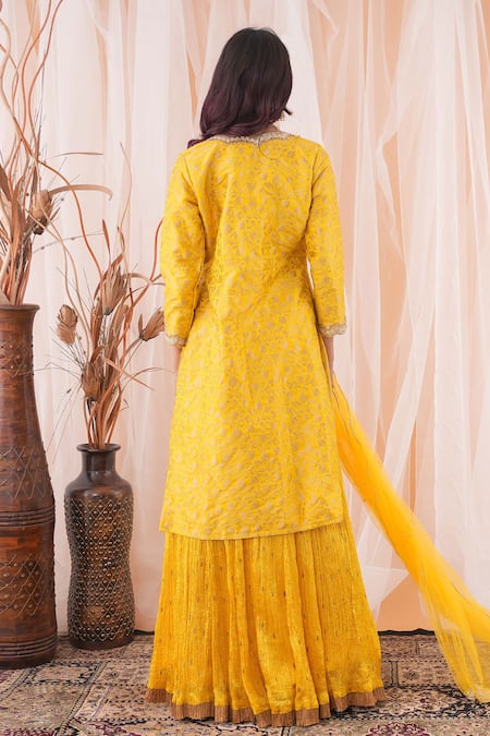 Farha Syed Yellow Brocade, Silk, Net, Crepe Sequins, Pearls, Floral Pattern Kurta Skirt Set Online at Aza Fashions Farha Syed_Yellow Brocade, Silk, Net, Crepe Sequins, Pearls, Floral Pattern Kurta Skirt Set _Online_at_Aza_Fashions