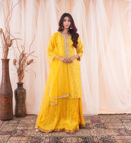Buy Farha Syed Yellow Brocade, Silk, Net, Crepe Sequins, Pearls, Floral Pattern Kurta Skirt Set Online at Aza Fashions Buy_Farha Syed_Yellow Brocade, Silk, Net, Crepe Sequins, Pearls, Floral Pattern Kurta Skirt Set _Online_at_Aza_Fashions