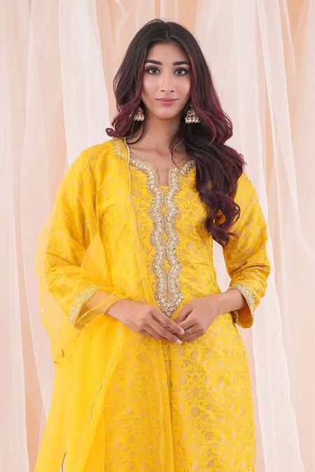 Shop Farha Syed Yellow Brocade, Silk, Net, Crepe Sequins, Pearls, Floral Pattern Kurta Skirt Set Online at Aza Fashions Shop_Farha Syed_Yellow Brocade, Silk, Net, Crepe Sequins, Pearls, Floral Pattern Kurta Skirt Set _Online_at_Aza_Fashions