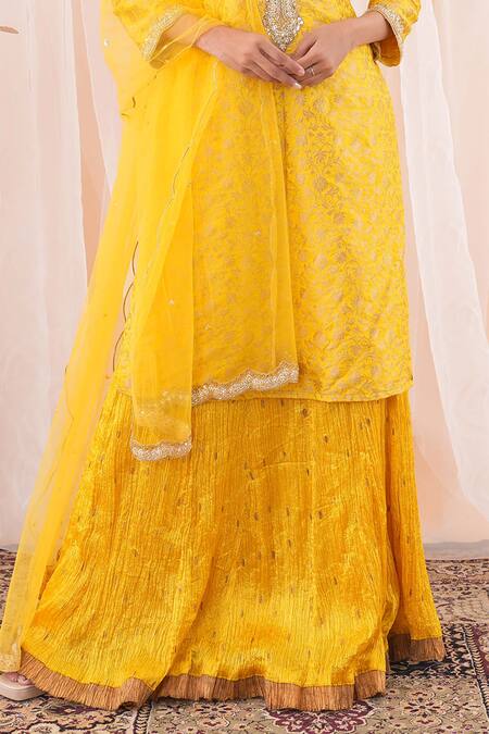Farha Syed Yellow Brocade, Silk, Net, Crepe Sequins, Pearls, Floral Pattern Kurta Skirt Set at Aza Fashions Farha Syed_Yellow Brocade, Silk, Net, Crepe Sequins, Pearls, Floral Pattern Kurta Skirt Set _at_Aza_Fashions