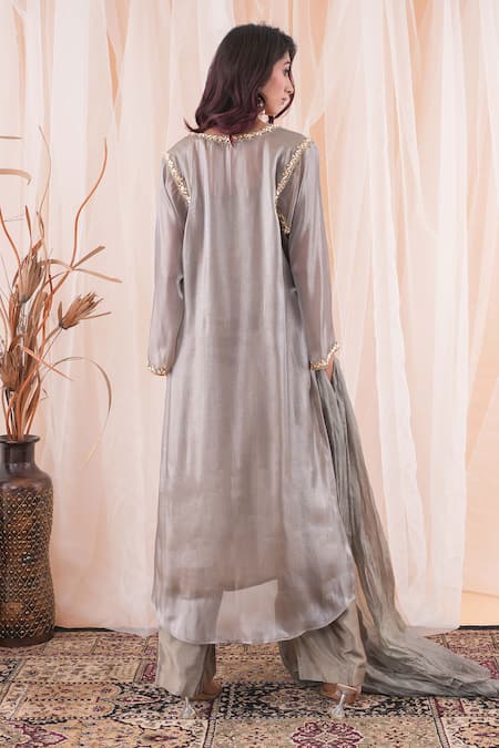 Farha Syed Grey Silk, Organza, Satin Pearls, Cut Work Placed Embroidered Kurta Palazzo Set Online at Aza Fashions Farha Syed_Grey Silk, Organza, Satin Pearls, Cut Work Placed Embroidered Kurta Palazzo Set _Online_at_Aza_Fashions