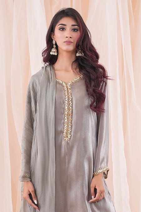 Buy Farha Syed Grey Silk, Organza, Satin Pearls, Cut Work Placed Embroidered Kurta Palazzo Set Online at Aza Fashions Buy_Farha Syed_Grey Silk, Organza, Satin Pearls, Cut Work Placed Embroidered Kurta Palazzo Set _Online_at_Aza_Fashions