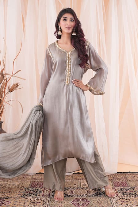 Shop Farha Syed Grey Silk, Organza, Satin Pearls, Cut Work Placed Embroidered Kurta Palazzo Set Online at Aza Fashions Shop_Farha Syed_Grey Silk, Organza, Satin Pearls, Cut Work Placed Embroidered Kurta Palazzo Set _Online_at_Aza_Fashions
