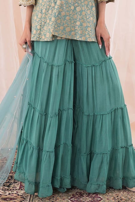 Buy_Farha Syed_Green Brocade, Net, Taffeta, Chiffon Floral Pattern Peplum Top Sharara Set _Online_at_Aza_Fashions