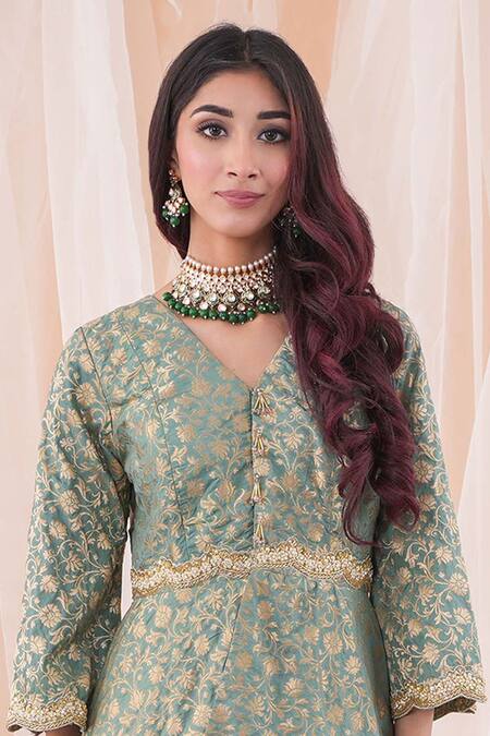 Shop_Farha Syed_Green Brocade, Net, Taffeta, Chiffon Floral Pattern Peplum Top Sharara Set _Online_at_Aza_Fashions