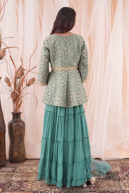Buy_Farha Syed_Green Brocade, Net, Taffeta, Chiffon Floral Pattern Peplum Top Sharara Set 
