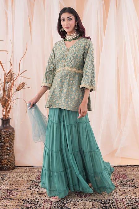 Shop_Farha Syed_Green Brocade, Net, Taffeta, Chiffon Floral Pattern Peplum Top Sharara Set 