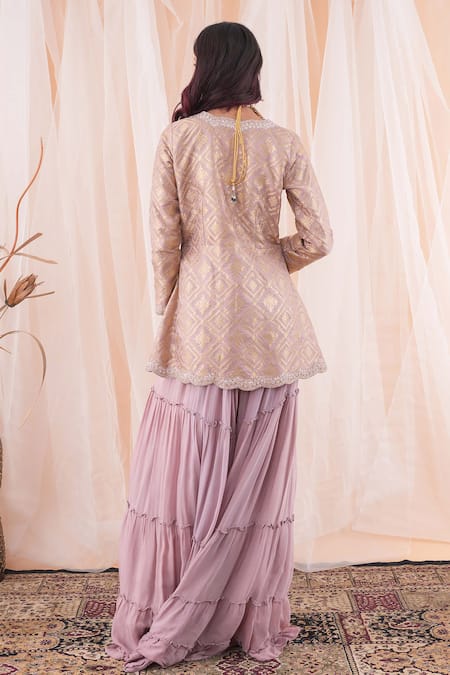 Farha Syed Purple Brocade, Chiffon, Net Pearls, Cut Work, Banarasi Peplum Top Sharara Set Online at Aza Fashions Farha Syed_Purple Brocade, Chiffon, Net Pearls, Cut Work, Banarasi Peplum Top Sharara Set _Online_at_Aza_Fashions