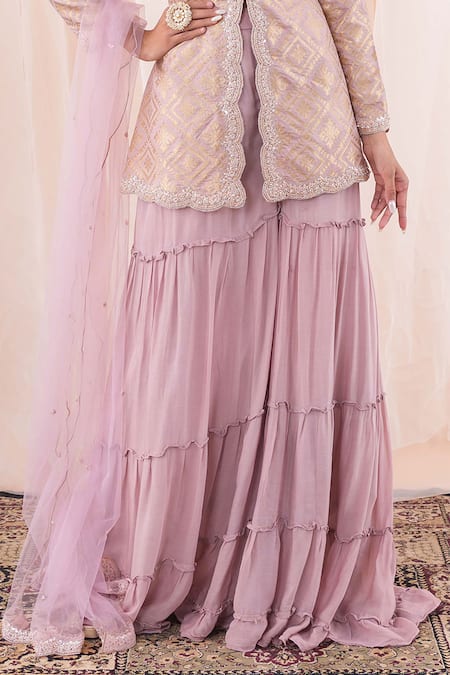 Buy Farha Syed Purple Brocade, Chiffon, Net Pearls, Cut Work, Banarasi Peplum Top Sharara Set Online at Aza Fashions Buy_Farha Syed_Purple Brocade, Chiffon, Net Pearls, Cut Work, Banarasi Peplum Top Sharara Set _Online_at_Aza_Fashions