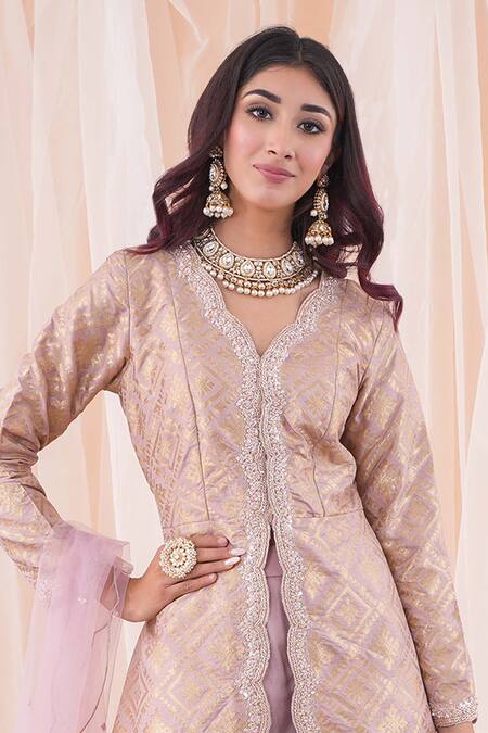 Shop Farha Syed Purple Brocade, Chiffon, Net Pearls, Cut Work, Banarasi Peplum Top Sharara Set Online at Aza Fashions Shop_Farha Syed_Purple Brocade, Chiffon, Net Pearls, Cut Work, Banarasi Peplum Top Sharara Set _Online_at_Aza_Fashions