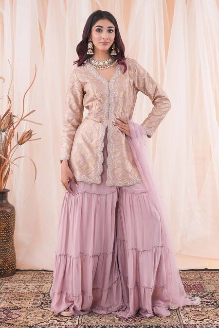 Farha Syed Purple Brocade, Chiffon, Net Pearls, Cut Work, Banarasi Peplum Top Sharara Set at Aza Fashions Farha Syed_Purple Brocade, Chiffon, Net Pearls, Cut Work, Banarasi Peplum Top Sharara Set _at_Aza_Fashions
