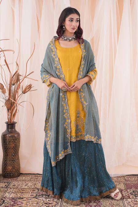 Buy_Farha Syed_Yellow Chanderi, Silk, Crepe Embroidery, Sequins Round Floral Kurta Skirt Set _Online_at_Aza_Fashions