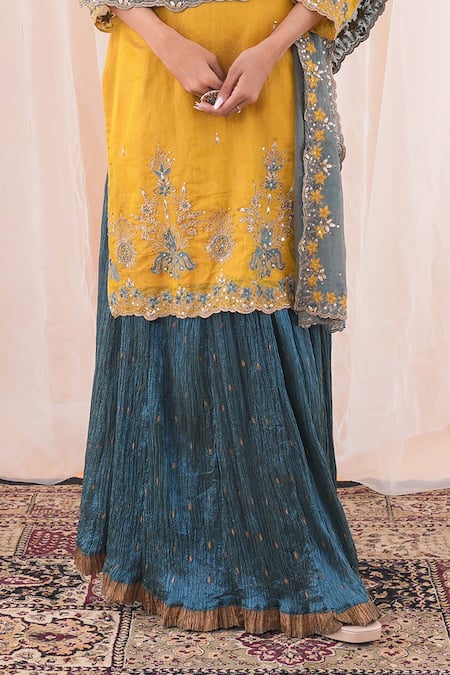 Shop_Farha Syed_Yellow Chanderi, Silk, Crepe Embroidery, Sequins Round Floral Kurta Skirt Set _Online_at_Aza_Fashions