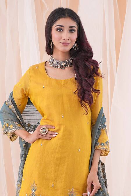 Farha Syed_Yellow Chanderi, Silk, Crepe Embroidery, Sequins Round Floral Kurta Skirt Set _at_Aza_Fashions
